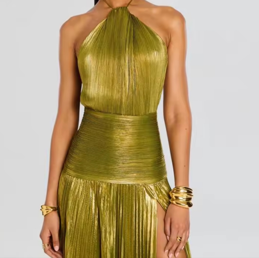 Gold Sexy Halter High Split Gowns Evening DressWoman Chic Solid Hollow Pleated - Picture 3 of 7